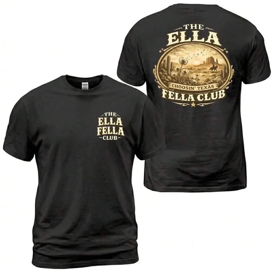 Ella Fella Club T-Shirt, West Texas Graphic Print T-Shirt, Desert Cowboy Landscape Back Print T-Shirt, Vintage Ranch Style Clothing - 黑色 - 查看 1