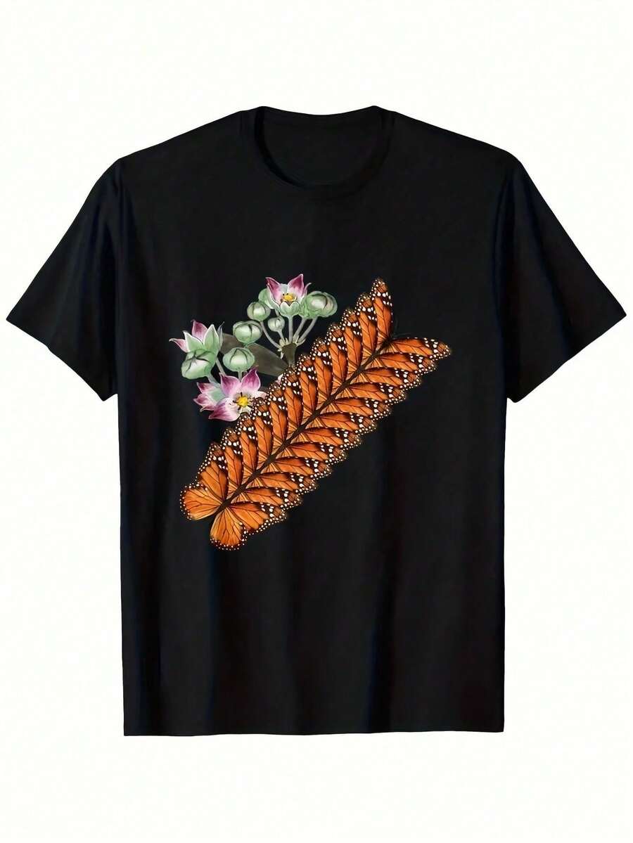 Vibrant Monarch Butterfly Print, Lightweight And Breathable, Short Sleeve, Round Neck, Casual T-Shirt For Everyday Wear, Outdoor Sports, Spring/Summer/Autumn, Sizes XL - 5XL - 黑色 30 - 查看 1
