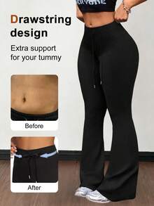 1pc Women's Drawstring Flare Pants, Elegant Fashion Long Pants, Waist Drawstring Design, Teacher Back To School Outfit Black - Black - View 2