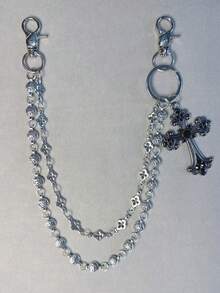 交叉褲鏈 腰鏈 龍蝦扣吊墜錢包鏈 復古雙層鏈 嘻哈龐克牛仔褲鏈 口袋鏈 女款鑰匙鏈 - 古銀色 - 查看 2