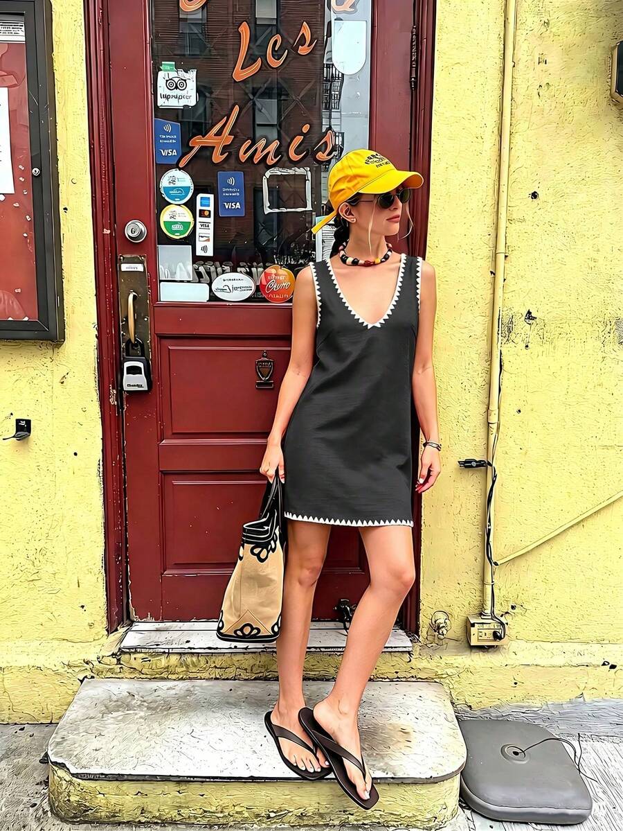 Vuslat Women's Sleeveless V-Neck Dress, Solid Color, Linen-Like Fabric, Elegant And Woven, Casual, Suitable For The Beach, Parties, Weddings, Vacations And Birthday Parties - 黑色 - 查看 1