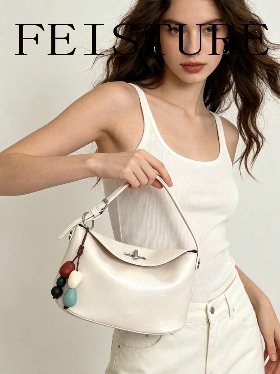 FEISTURE 1件純色PU布料女款手提包，時尚單肩 & 斜挎包附吊飾，適合女孩、女性、大學生、新進職場人士和白領，完美適用於工作、商務、通勤、上學