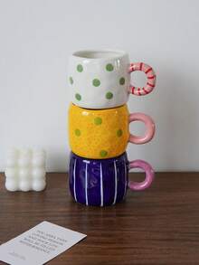 1pc 210ml Striped Ceramic Mug, Hand-Painted Polka Dot Coffee Cup; Elegant And Fashionable; Suitable For Home Decor And Tableware; Suitable For Serving Cold Drinks At Parties; Suitable As A Drinking Cup For Living Room Or Bedroom; Exquisite Gift - Multicolor - View 5