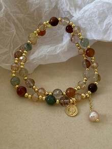 1pc Vintage Double Layer Crystal Pearl Beaded Women's Bracelet, Stone Bead Wrap Bracelet Jewelry Gift (Bead Color Random) - Multicolor - View 5