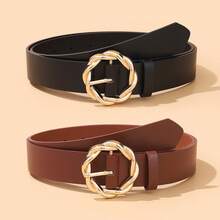 1pc/2pcs Gold Braided Round Buckle PU Belt - Black - View 16