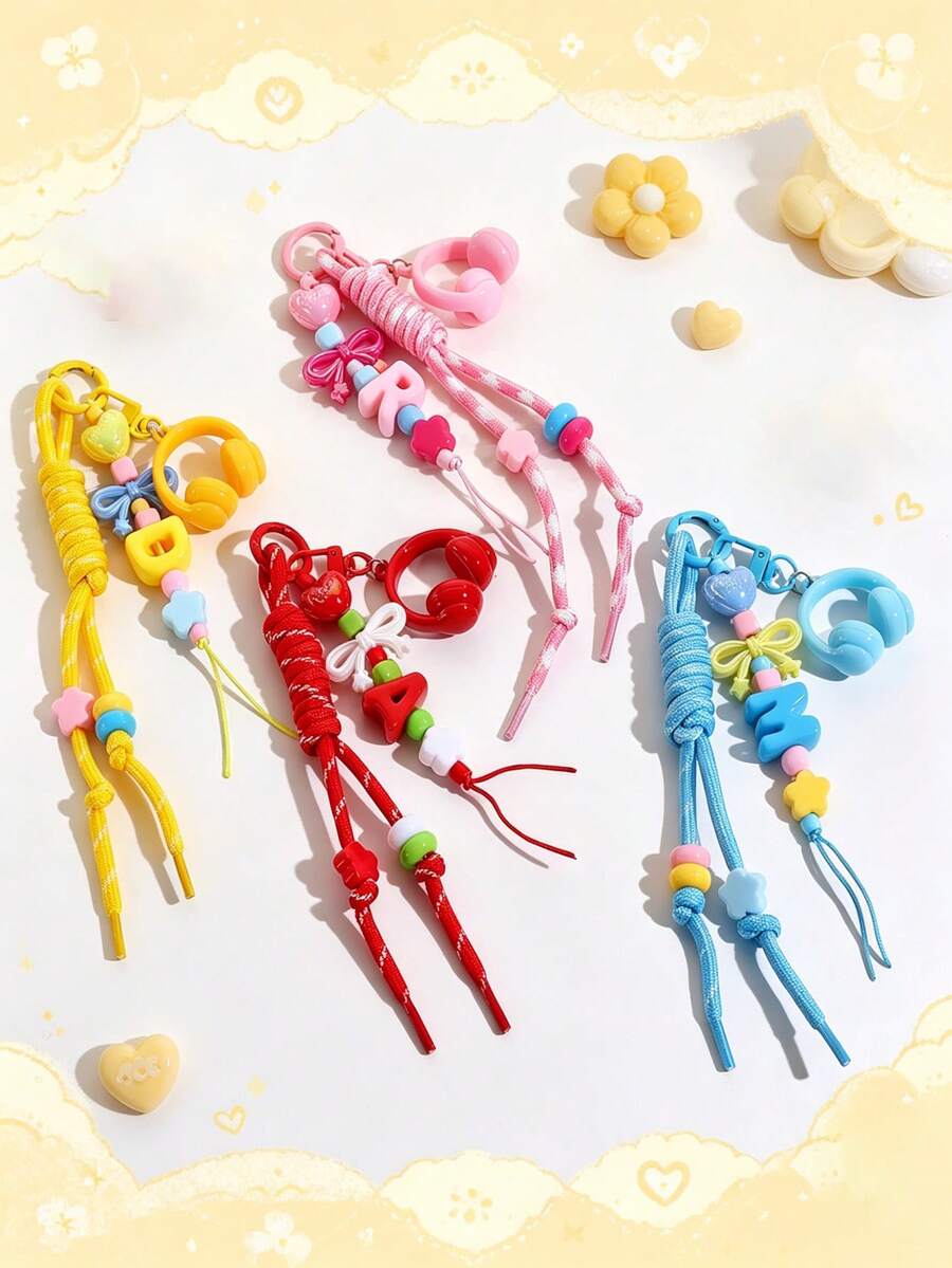 1pc Mini Earphone Keychain Woven Lanyard, Anti-Lost Hanging Chain Colorful Letter Bow Bag Charm - Multicolor - View 1