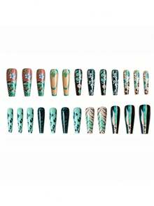 Wild Leopard Blue Floral Fake Nails Long T-Shape Painted Cool Hot Girl Flower 24pcs Wearable Nail Tips - Multicolor - View 3
