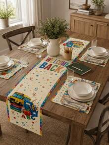 1 pieza - Juego de camino de mesa y manteles individuales de vuelta al colegio, decoración de mesa de comedor de lino con autobús escolar, letras ABC, libros, manzana y borde colorido para aula, fiesta de maestros y cocina - Multicolor - Ver 8