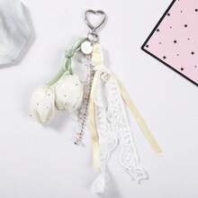 1pc Sweet Tulip Zinc Alloy Keychain With Lace Ribbon Floral Bag Charm, Suitable For Daily Bags - Multicolor - View 5
