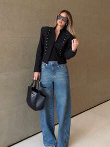 ZAHM Women's Black Napoleon Style Cropped Blazer With Ribbon Embroidery, Gold Button Decor Stand Collar Military Jacket - Black - View 10