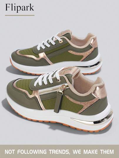Flipark (Se recomienda elegir una talla talla grande grande) 1 par de zapatos deportivos para mujer con absorción de impactos y soporte, color verde oliva y oro rosa con bloques de color, decoración de cremallera, cuero PU, flexibles, duraderos, de caña baja, zapatos casuales para caminar