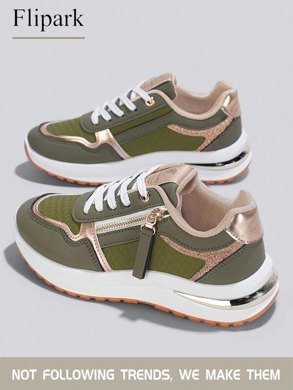 Flipark (Recommended To Choose One Size Larger) 1 Pair Women's Sports Style Shock-Absorbing Support Walking Shoes, Olive Green And Rose Gold Color-Block Zipper Decor PU Leather Flexible Durable Low-Top Casual Walking Shoes