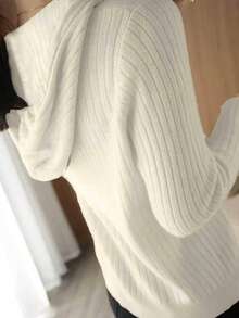 Sweater Pullover Berkerudung Leher Henley Bergaris Kancing untuk Wanita Ukuran Plus, Pakaian Wajib Musim Gugur/Dingin, Lengan Panjang Kasual - Putih - View 5