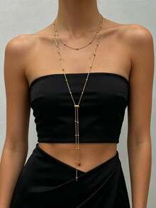 1pc Gold Stainless Steel 18K Gold Plated Beaded Chain Long Necklace For Women, Multiple Wearing Styles, Adjustable Drawstring Design, Suitable For Daily Decoration, Street Style, Influencer Outfit, Party, Date, Layering - Gold - View 3