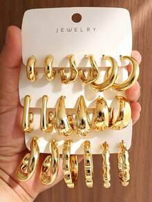 6-18PCS Personalized Fashion Halo Water Drop Twisted Square Hook Textured Geometric Earrings, Suitable For Party, Banquet, Travel, Wedding, Vacation, Daily, Holiday Wear, Jewelry Gift - Gold - View 6