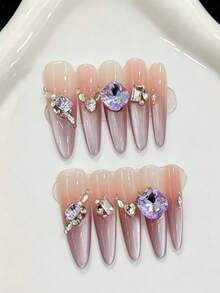 10 Peças Unhas Postiças Longas Stiletto Feitas à Mão para Festa e Uso Diário, Unhas Roxas, Unhas Degradê Roxo com Strass Inclinado e Olho de Gato, Para Usar 10 Peças Unhas Postiças Y2K Feitas à Mão, Unhas de Verão, Adequadas para Meninas e Mulheres em Festivais, Festas e Uso Diário - Malva - Visão 11