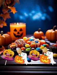 500PCS/200PCS/100pcs/50pcs/25PCS Halloween Themed Lollipop Decorations, Halloween Christmas Gift Cards, Creative Design Halloween Ghost Pumpkin Lollipop Decorative Card Paper, Suitable For Halloween Party Supplies - Multicolor - View 3