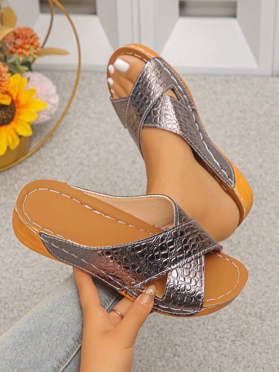 Women's Cross Strap Crocodile Embossed Natural Wood Color, Comfortable Minimalist Vacation Beach Home Daily Summer Gunmetal Open Toe Slide Sandals