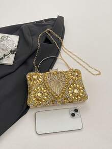 Women's Evening Clutch Bag, Hard Shell Square Box Bag With Floral Rhinestone Pattern, Top Handle And Detachable Chain Shoulder Strap, Suitable For Weddings, Balls And Banquets - Gold - View 9