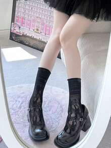 1 Pair Women's Sweet Ballet Style Ruffled Calf Socks, Summer Thin Breathable Hollow Mesh Lace Trim Lolita Short Socks - Multicolor - View 12