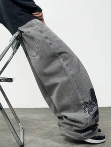 Justice Brother 1pc American Streetwear Personalized Embroidered Men's Denim Jeans Casual All-Season Loose Wide Leg Long Pants (Belt/Accessories Not Included) - Grey - View 7