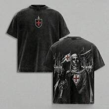 Men's T-Shirt, Hoodie, Sleeveless Shirt, Sweatshirt, Casual Retro Distressed Style, Baldwin IV "The Leper King" Crusader King | Medieval Christian Streetwear With Cr - 黑色 - 查看 1