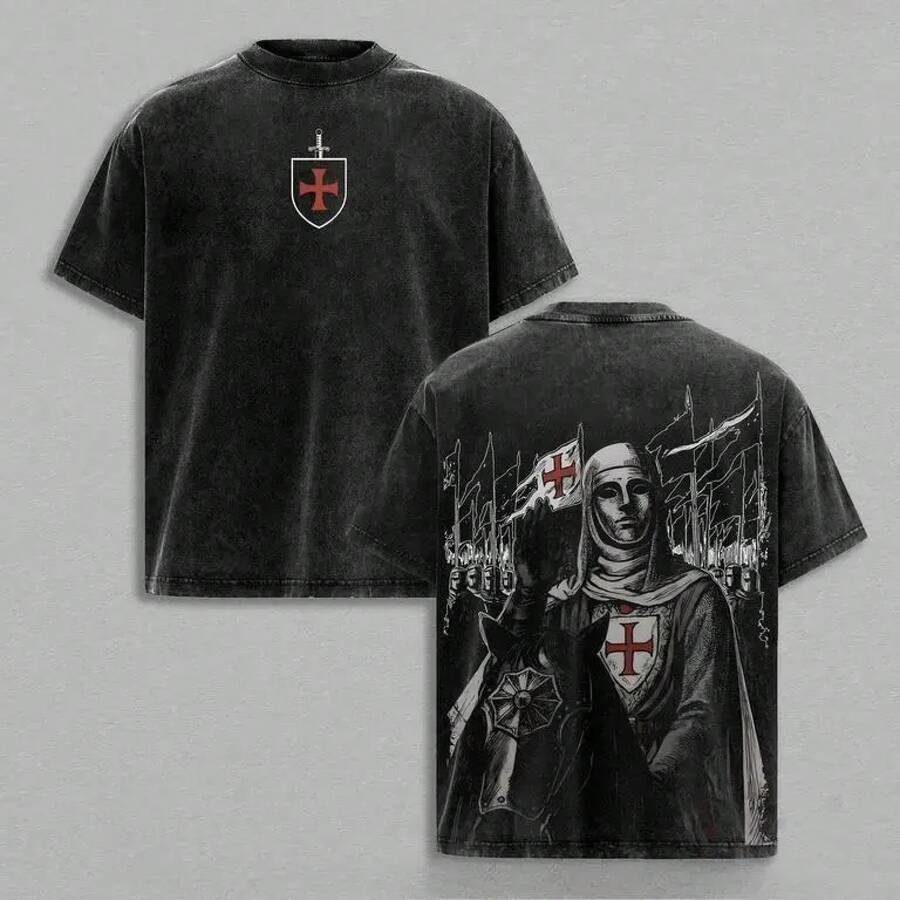 Men's T-Shirt, Hoodie, Sleeveless Shirt, Sweatshirt, Casual Retro Distressed Style, Baldwin IV "The Leper King" Crusader King | Medieval Christian Streetwear With Cr - 黑色 - 查看 1