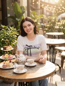 Women's Short Sleeve Bow Decor Round Pattern Knit Top, Soft Comfortable Elastic Polyester Fiber Cropped Pullover - Apricot - View 3