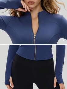 NcmRyu Women's 1pc Metal Zipper Small Stand Collar Thumb Hole Long Sleeve Slim Fit Sports Jacket - Navy Blue - View 4
