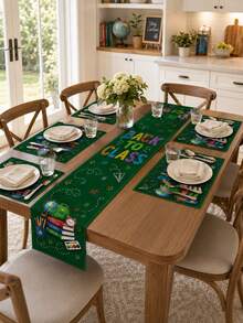 1 pieza - Juego de camino de mesa y manteles individuales de vuelta a la escuela, decoración de mesa de lino verde con mochila, libros, globo terráqueo, despertador y estilo de pizarra para fiesta de aula y comedor del hogar - Multicolor - Ver 4