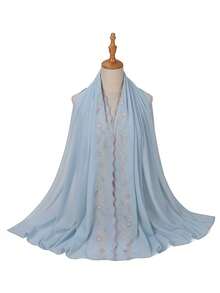 1 pieza Pañuelo elegante de encaje y gasa azul cielo con bordado floral, adecuado para el uso diario de mujeres musulmanas - Azul cielo - Ver 3