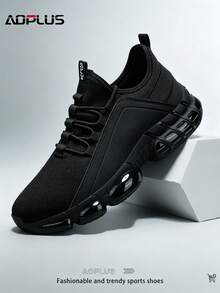 AoPlus Men Full Black Air Cushion Running Shoes Breathable Knit Sneakers Shock Absorbing Hollow Non-Slip Athletic Walking Trainers - 黑色 - 查看 6