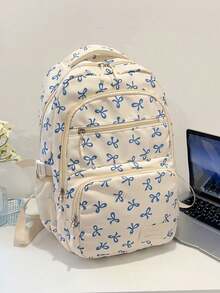 3pcs Nylon Bow Print Backpack Set, Foldable Multi-Po Cket Large CapacityWater-Resistant Zipper Backpack Suitable F Or Teenagers, High School - Blue - View 8