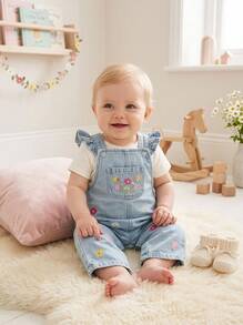 Baby Girl Sweet Floral Embroidered Denim Overalls With 2-Button Adjustable Shoulder Straps, Loose Comfortable Straight Leg Jumpsuit - Light Wash - View 8