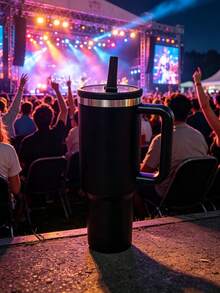 40盎司保溫隨行杯，附手把與翻蓋吸管杯蓋，不鏽鋼旅行咖啡杯，防漏大容量水杯，真空保溫杯，適用熱飲與冷飲，黑色 - 黑色 - 查看 3