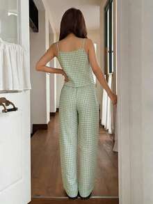 Women's Pajama Set Home Wear Set Simple Plaid Print Style Camisole And Long Pants, Spring/Summer - Mint Green - View 2