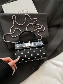 Mini Polka Dot Pattern Flap Square Bag, Handbag/Crossbody Bag/Shoulder Bag, Minimalist Casual Solid Color, Portable And Lightweight, Equipped With Adjustable Shoulder Strap, Suitable For Women, New Career Starters And White-Collar Professionals, Also Suitable For Girls And Ladies, Ideal Choice For Office, Work, Business, Commuting - Black - View 9