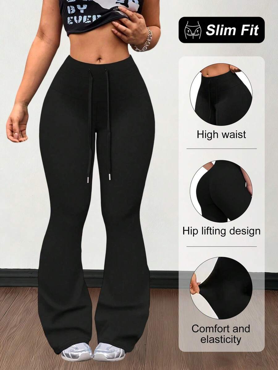 1pc Women's Drawstring Flare Pants, Elegant Fashion Long Pants, Waist Drawstring Design, Teacher Back To School Outfit Black - Black - View 1
