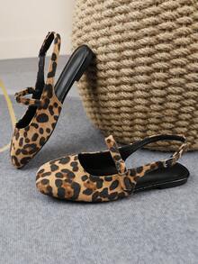 XBYASDF Sepatu Flat Wanita Ujung Persegi, Sepatu Pumps Slingback Bertali Belakang Motif Leopard Cokelat, Sepatu Kasual Retro yang Nyaman - Coklat - View 3