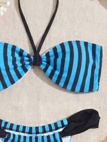夏季女款百褶設計藍黑條紋比基尼兩件組，海灘度假派對時尚優雅休閒泳衣套裝 - 彩色 - 查看 6