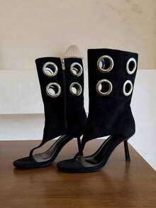 2026 New Kitten Heel Ruched Knee-High Boots Pointed Toe Over-The-Knee High Shaft Boots Vintage Wide Leg Rider Boots - Black - View 9