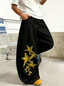 Casual Fashion Star Embroidery Design Loose Wide Leg Denim Jeans Black - Black - View 1