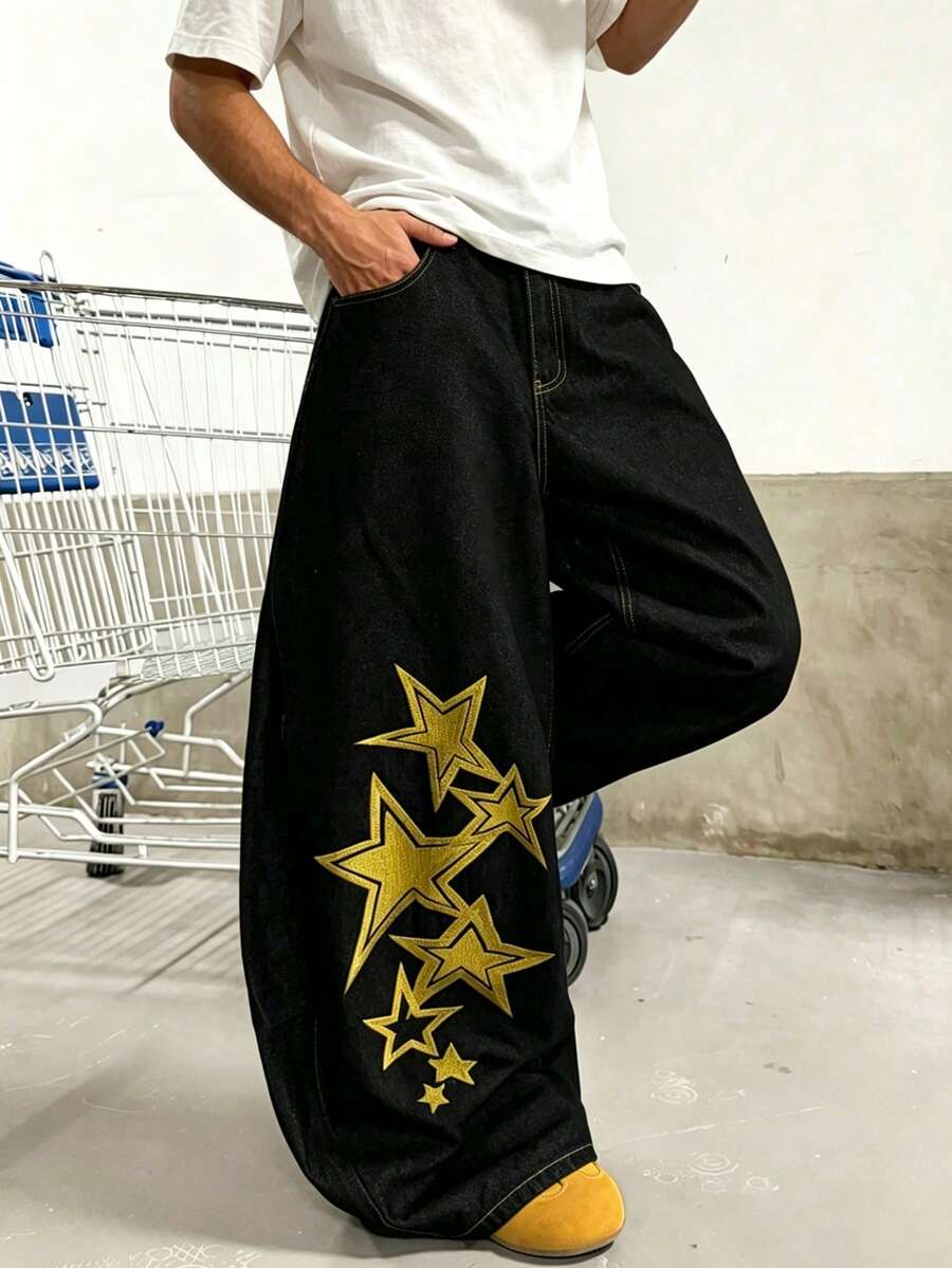 Casual Fashion Star Embroidery Design Loose Wide Leg Denim Jeans Black - Black - View 1