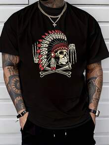 Men's Pure Cotton Short-Sleeve T-Shirt Casual  Skull  Headdress Print Loose Fit Summer Daily Top - Black - View 6