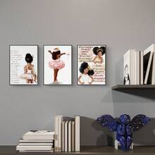3PCS/Set Of 3 Princess Ballerina Girl Canvas Wall Art, Positive Affirmation Motivational Quote Artwork, Cute Crown Tutu Dancer Character Painting, Inspirational Self-Love Empowering Wall Hanging For Girls Bedroom Nursery Playroom Home Interior Decor - A - View 2