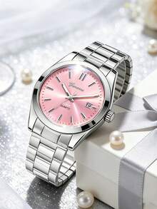 Reloj de cuarzo redondo de acero inoxidable plateado, esfera rosa, diseño de estrella, con calendario, regalo de cumpleaños, versátil para uso diario, regreso a la escuela - Plateado - Ver 5