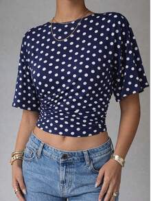 Vela Rue Waist Tie Bow Solid Color Batwing Sleeve Boat Neck Fitted Elastic Navy Blue T-Shirt Casual - Navy Blue - View 1