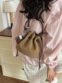 Summer Large Capacity Handbag Casual Hollow Straw Woven Bag Pastoral Artistic Handbag Beach Vacation Sand Bucket Shoulder Bag - Khaki - View 4