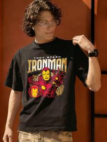 Men's 100% Cotton Tony Stark Iron Man Armor Graphic Short Sleeve T-Shirt, Summer Casual Streetwear Crew Neck Tee, Great Gift For Marvel Fans - 黑色 - 查看 3