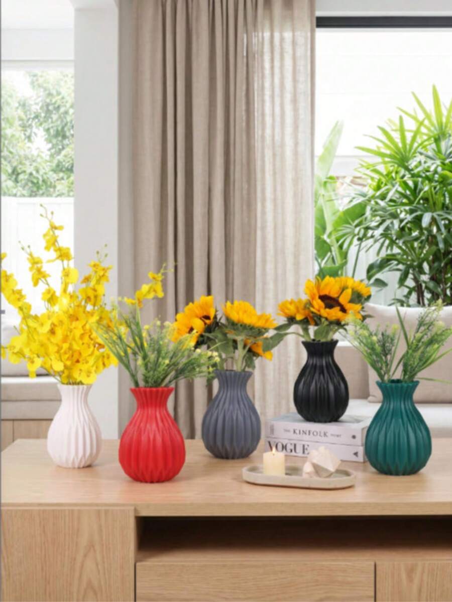 2/1pc Nordic Style Plastic Vase, Imitation Ceramic Geometric Striped Flower Vase, Shatterproof Decorative Vase For Dried & Fresh Flowers, Perfect For Living Room, Home & Cafe Decor - Multicolor - View 1